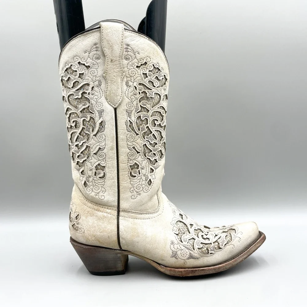Corral Teens Size 4.5 White Distressed Glitter Inlay Western Boots Cowgirl Boho